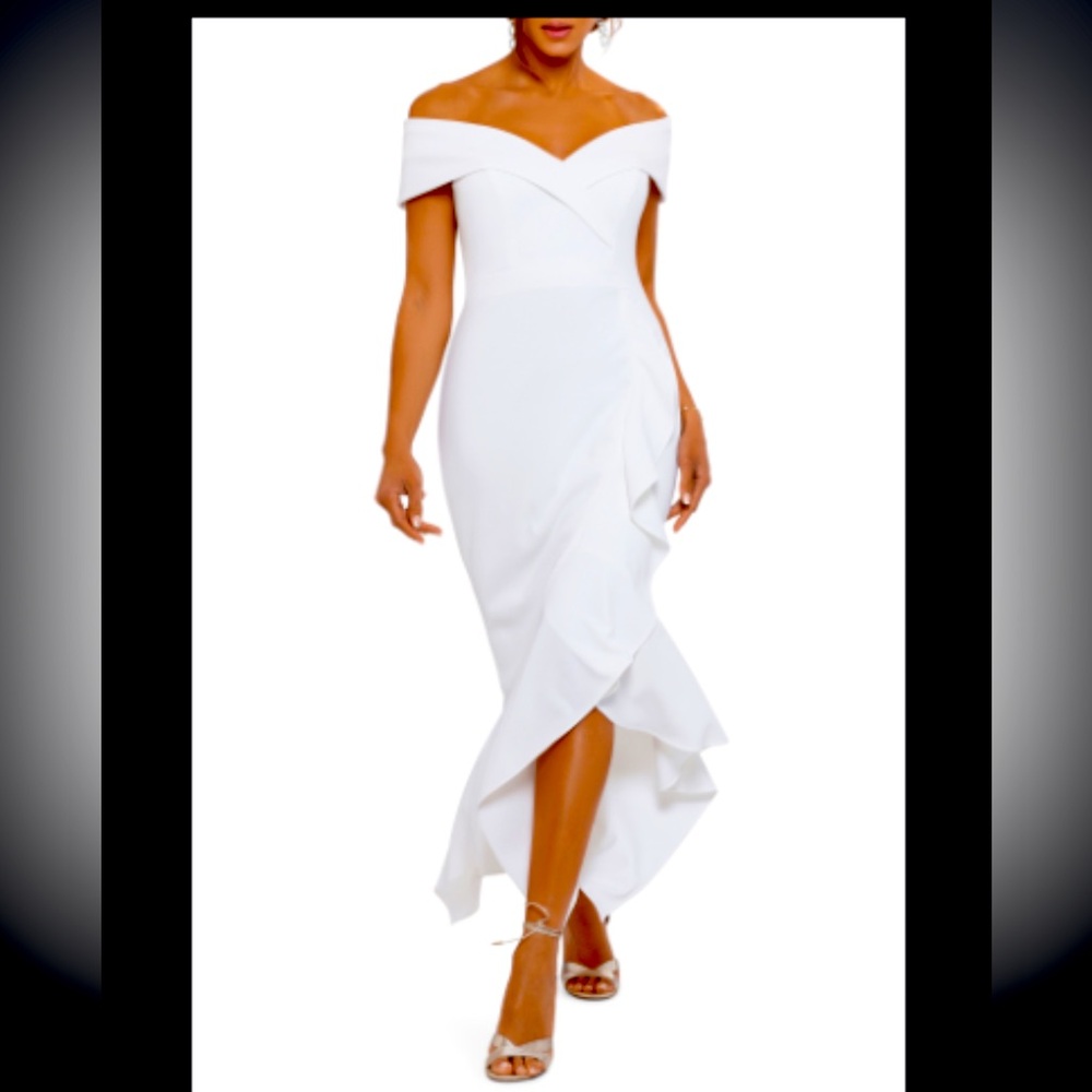 Xscape Off the Shoulder Ruffle Hem Crepe Gown
